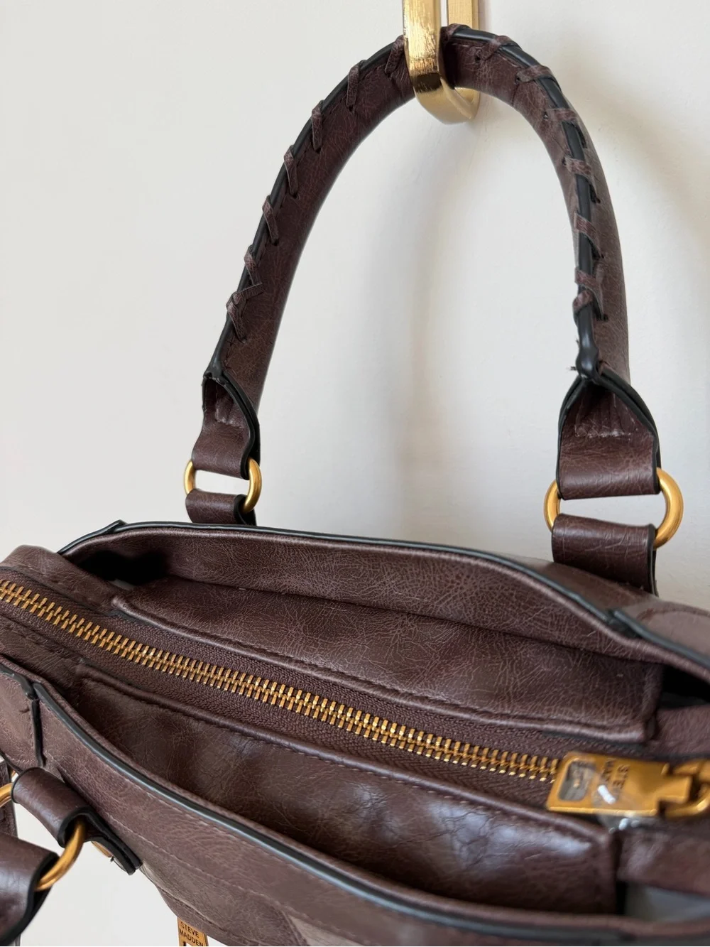 Brown Leather Mini Satchel bag with rhinestone heart charm gold hardware
